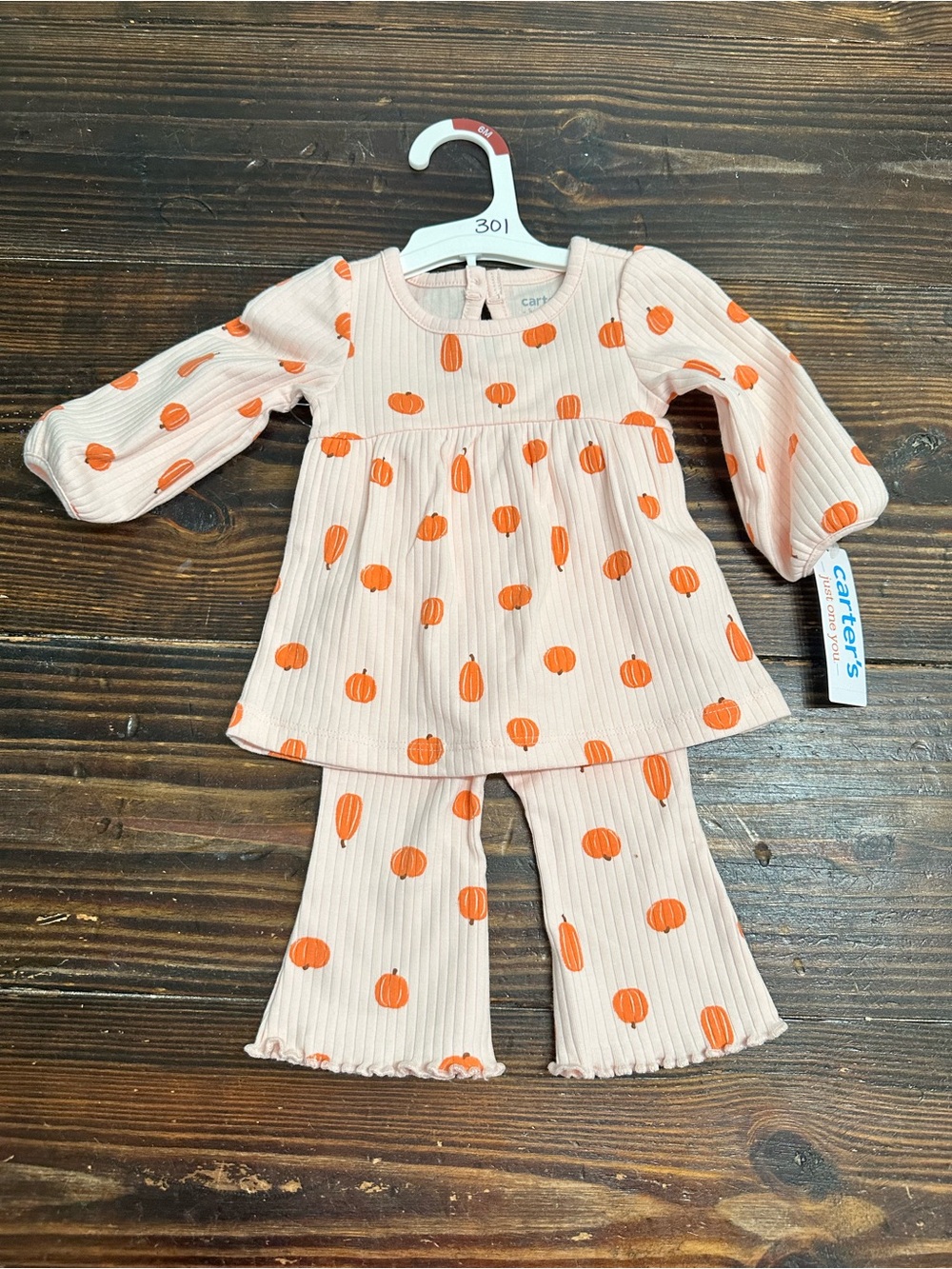 Carter's Light Pink Ribbed Pajama Set with Orange Pumpkin Print